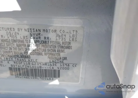 2024 Nissan Versa 1.6 Sv из США, поврежденный, VIN 3N1CN8EV2RL905683